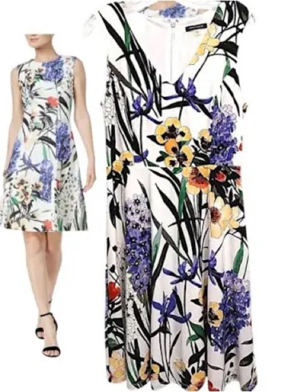 Tommy Hilfiger White Floral Midi Dress with Purple, Yellow and Red Accents. Sz10